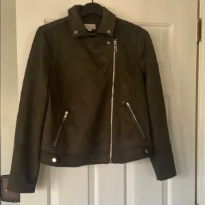LOFT Green Leather Jacket with Biker Style and Asymmetrical Zipper