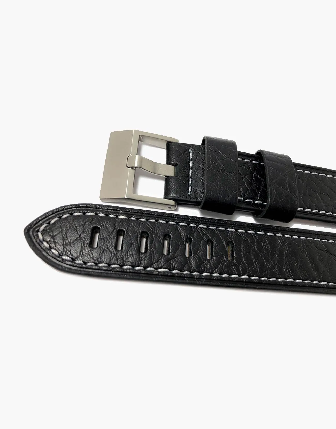 LUX Heavy Flat Buffalo Leather Rustic Matte Black with White Stitching Strap