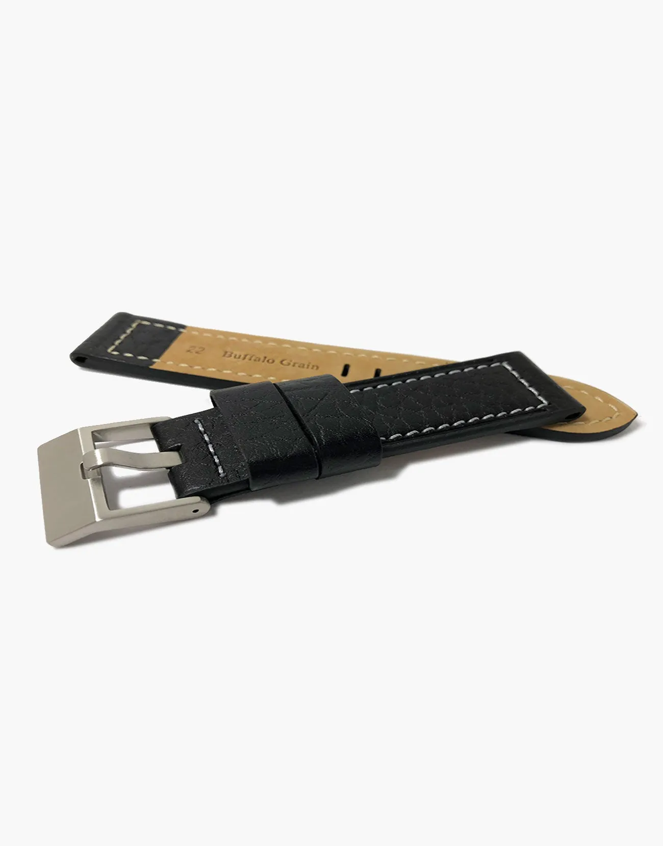 LUX Heavy Flat Buffalo Leather Rustic Matte Black with White Stitching Strap