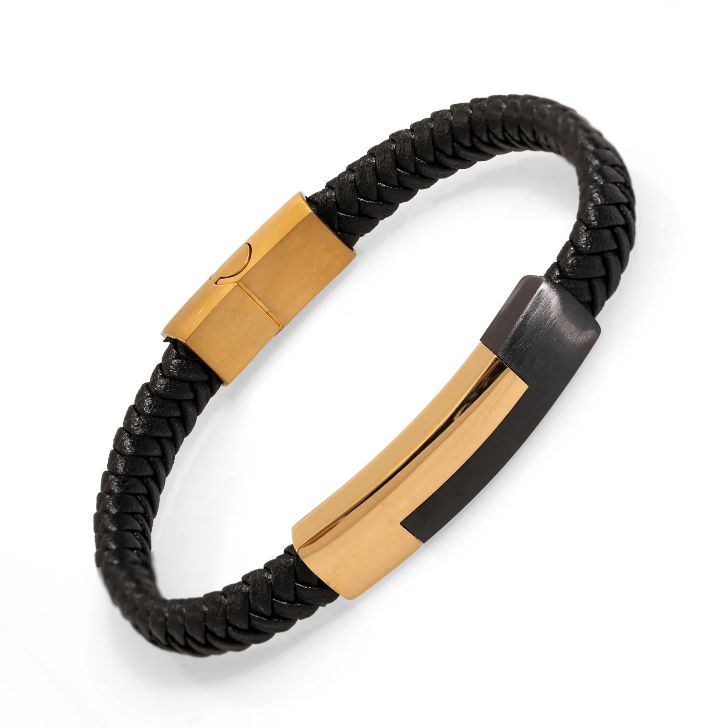 Men's Style Black Leather Gold Design Bracelet