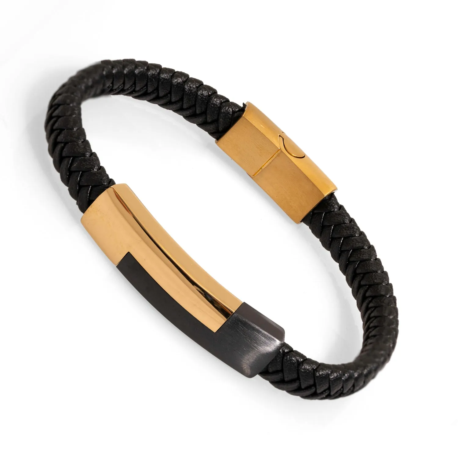 Men's Style Black Leather Gold Design Bracelet