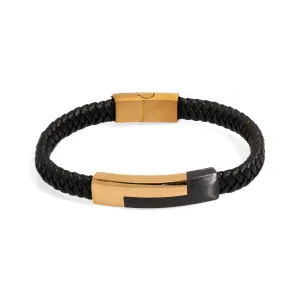 Men's Style Black Leather Gold Design Bracelet