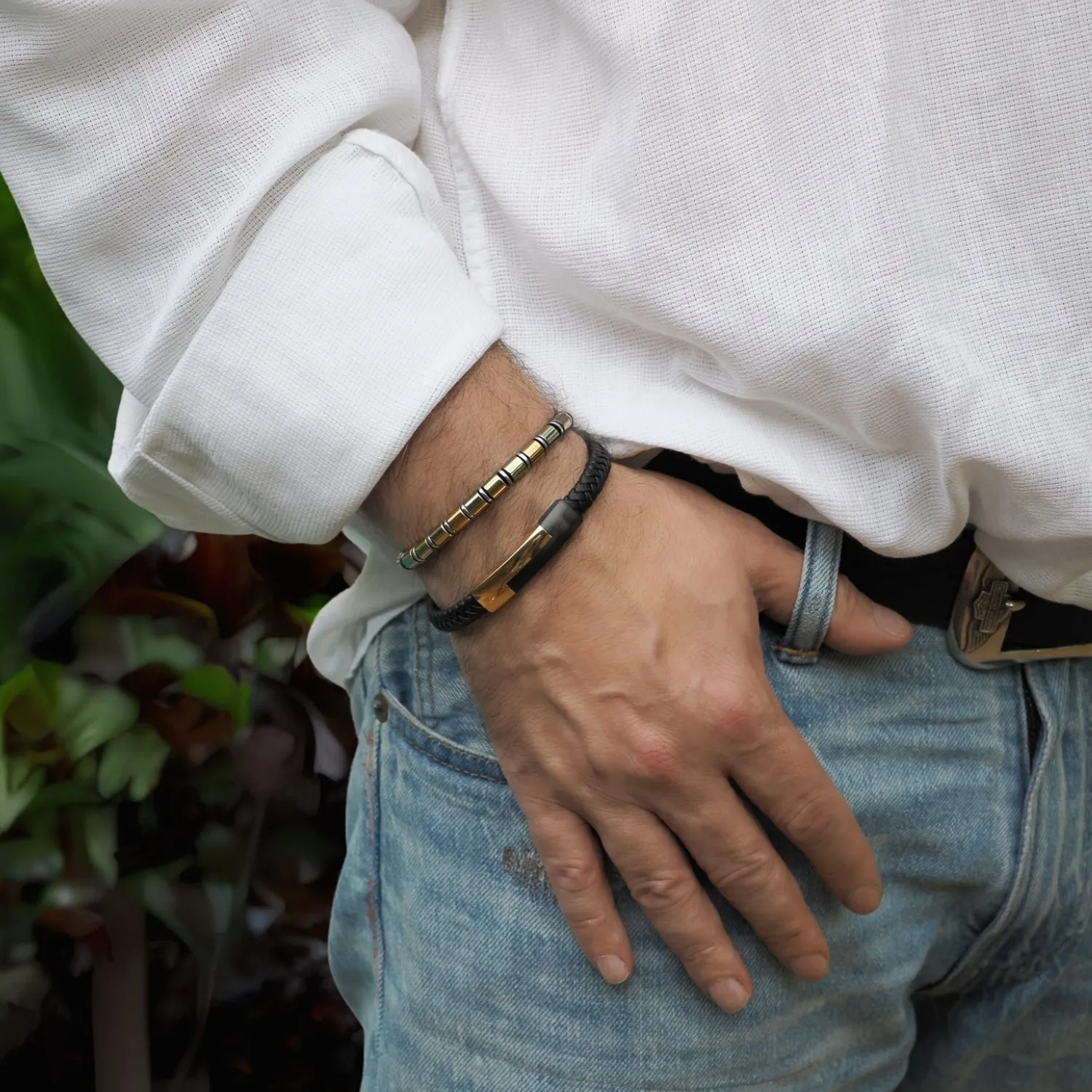 Men's Style Black Leather Gold Design Bracelet