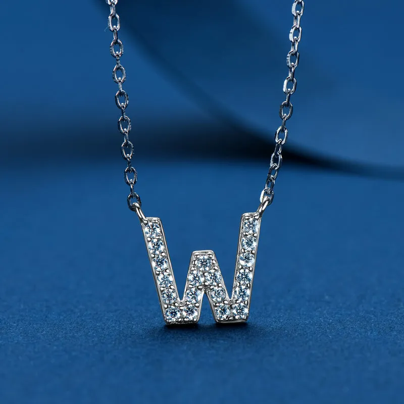 Micro Pave 1.4mm Round Moissanite A-Z Initial Alphabet Necklace