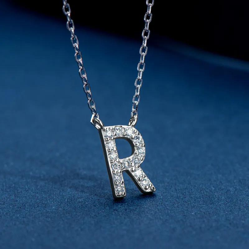 Micro Pave 1.4mm Round Moissanite A-Z Initial Alphabet Necklace