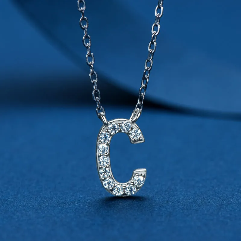 Micro Pave 1.4mm Round Moissanite A-Z Initial Alphabet Necklace