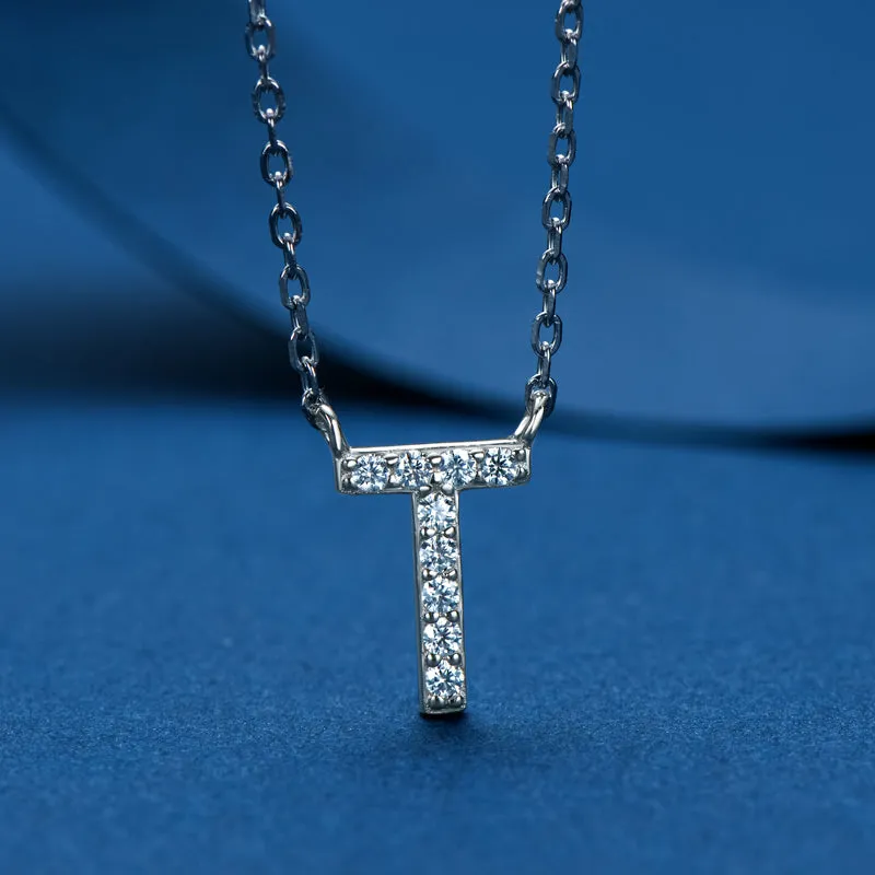 Micro Pave 1.4mm Round Moissanite A-Z Initial Alphabet Necklace
