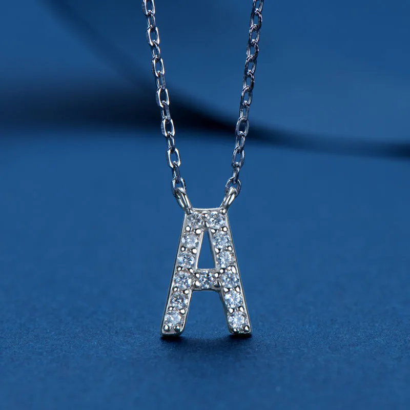 Micro Pave 1.4mm Round Moissanite A-Z Initial Alphabet Necklace