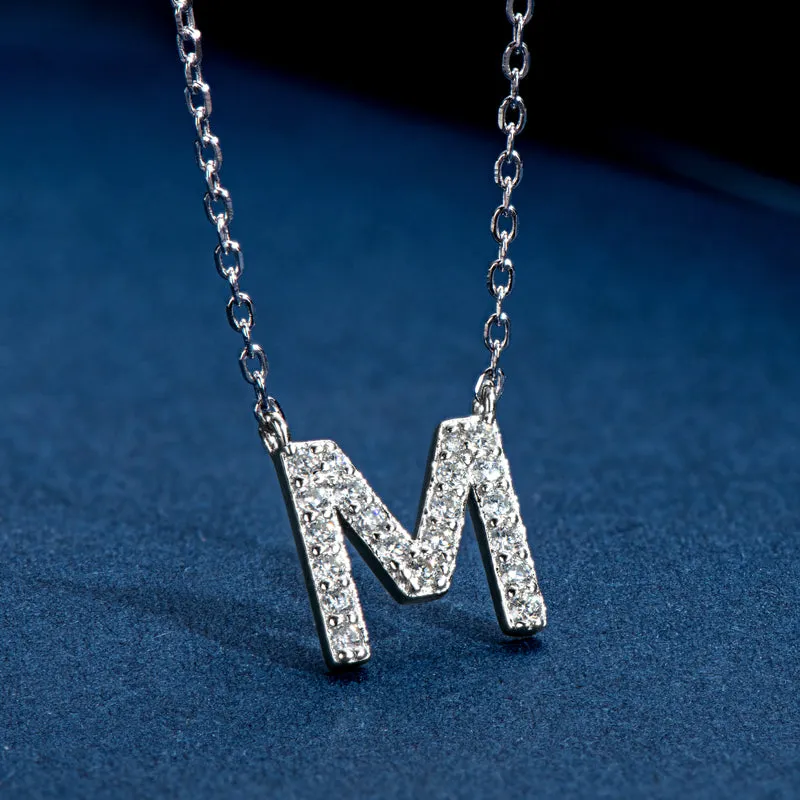 Micro Pave 1.4mm Round Moissanite A-Z Initial Alphabet Necklace