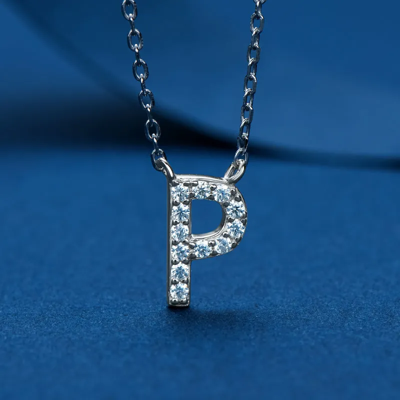 Micro Pave 1.4mm Round Moissanite A-Z Initial Alphabet Necklace