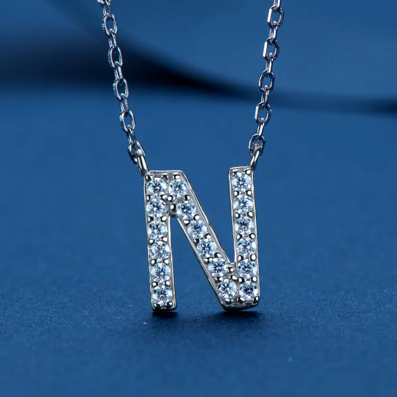 Micro Pave 1.4mm Round Moissanite A-Z Initial Alphabet Necklace