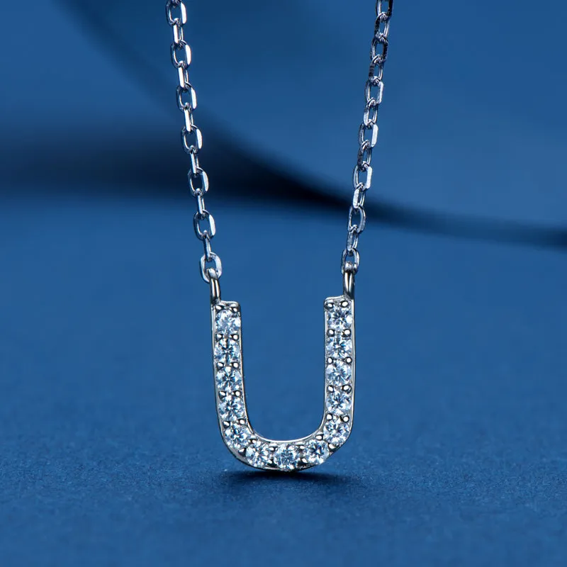 Micro Pave 1.4mm Round Moissanite A-Z Initial Alphabet Necklace