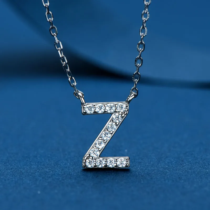 Micro Pave 1.4mm Round Moissanite A-Z Initial Alphabet Necklace