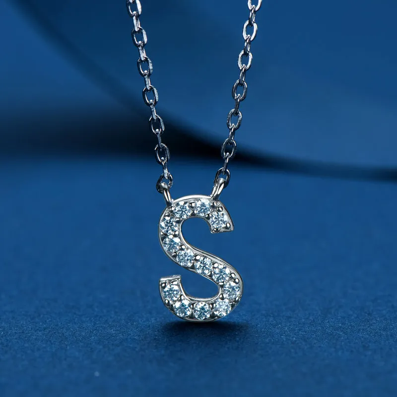 Micro Pave 1.4mm Round Moissanite A-Z Initial Alphabet Necklace