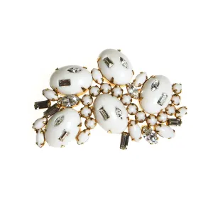 Milk Glass Cabochon and Rhinestone Brooch