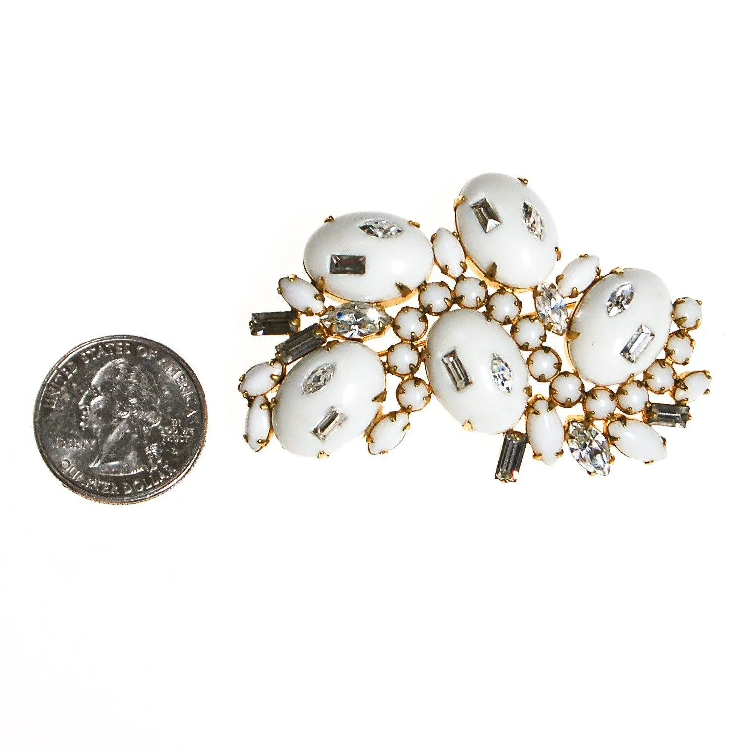 Milk Glass Cabochon and Rhinestone Brooch