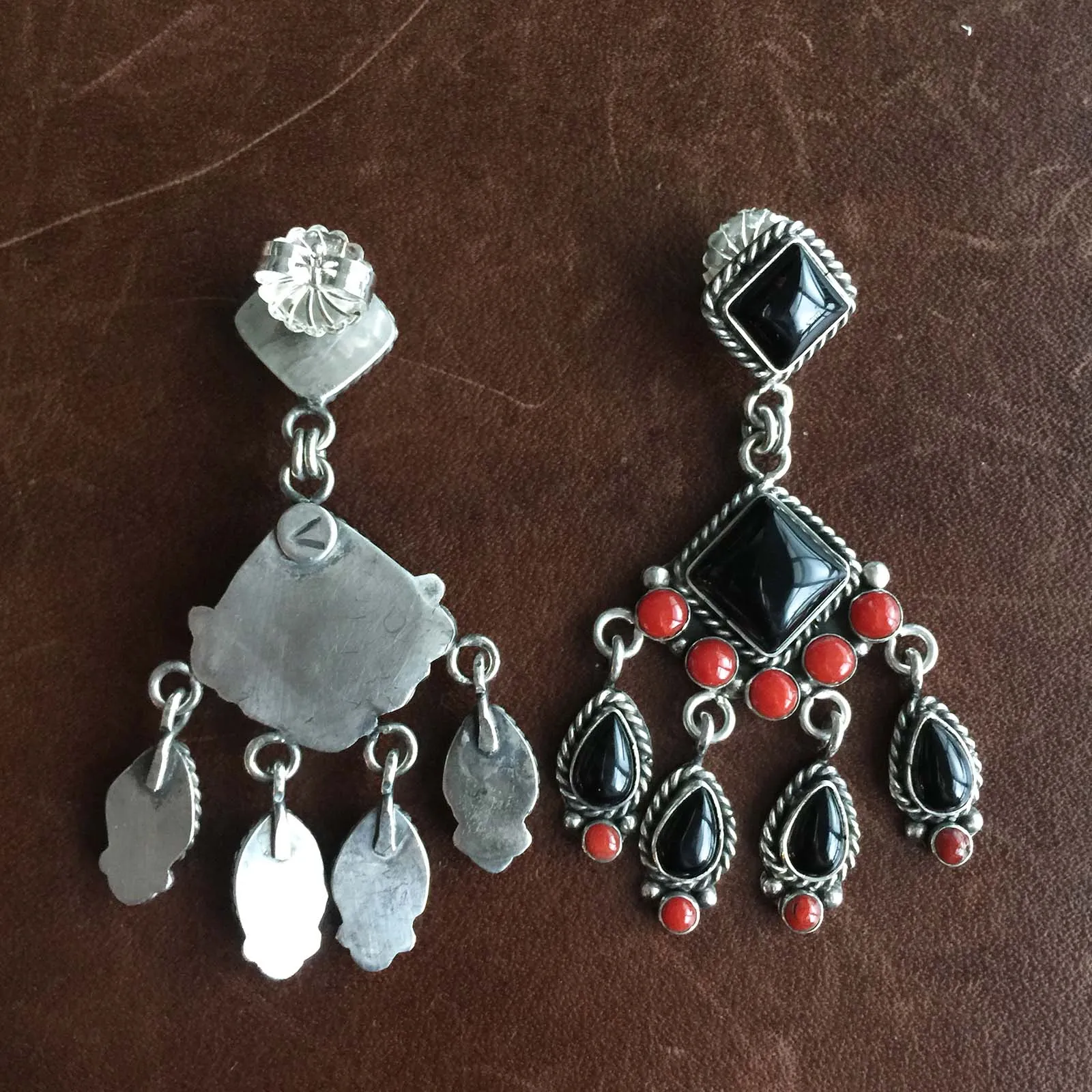 Mini Clustered 3.8 Carat Red Coral with Black Onyx Chandelier Earrings