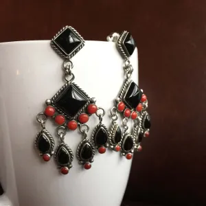 Mini Clustered 3.8 Carat Red Coral with Black Onyx Chandelier Earrings