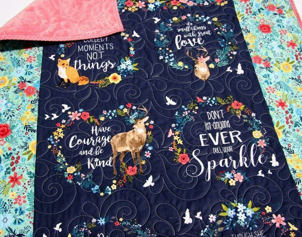 Minky Baby Blanket, Girl Baby Quilt, Personalized with Name, Handmade Gifts, Baby Shower Ideas, Coral Navy Blue Infant Toddler Woodland Deer