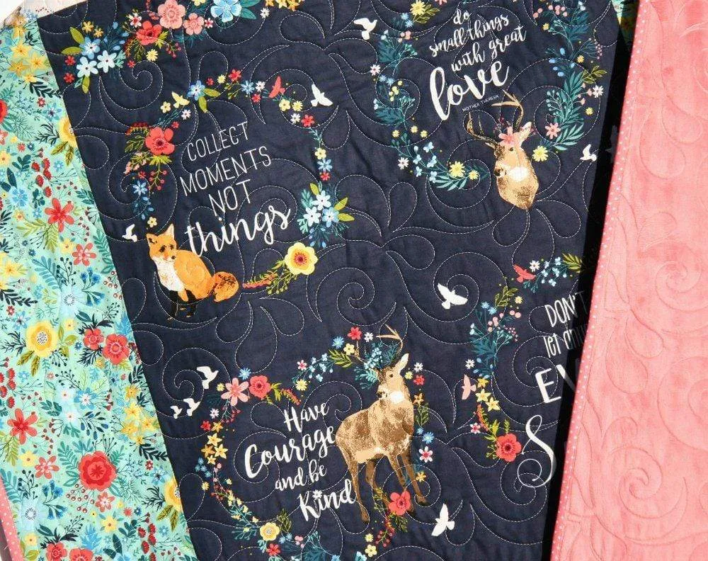 Minky Baby Blanket, Girl Baby Quilt, Personalized with Name, Handmade Gifts, Baby Shower Ideas, Coral Navy Blue Infant Toddler Woodland Deer