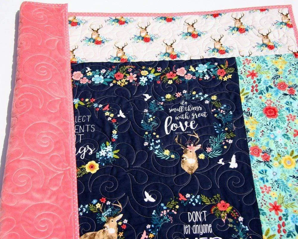 Minky Baby Blanket, Girl Baby Quilt, Personalized with Name, Handmade Gifts, Baby Shower Ideas, Coral Navy Blue Infant Toddler Woodland Deer