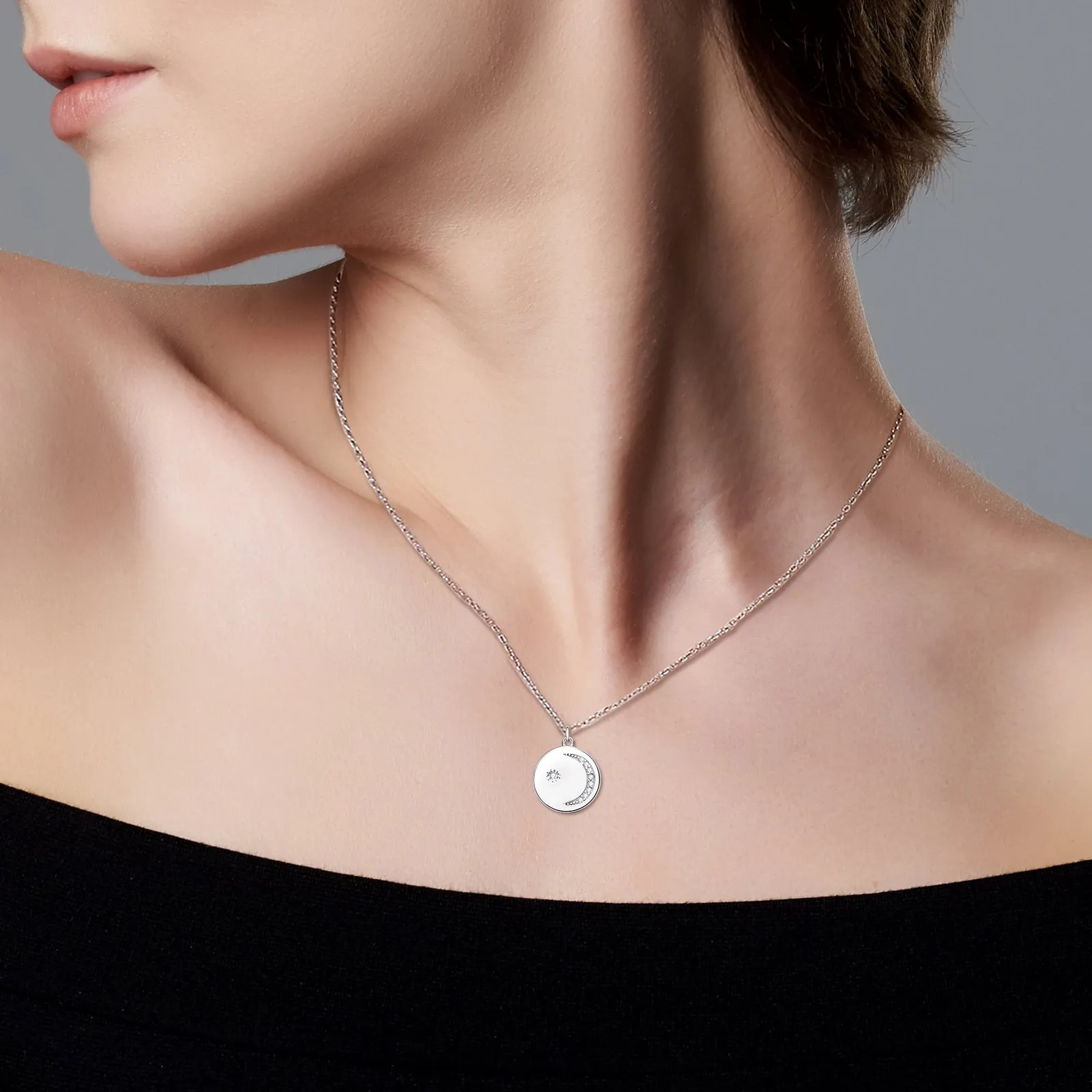 Moon & Star Round Cut Moissanite Coin Disc Pendant Necklace