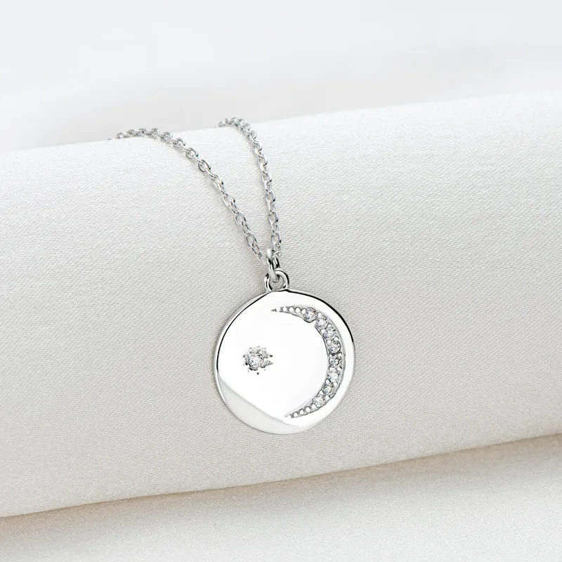 Moon & Star Round Cut Moissanite Coin Disc Pendant Necklace