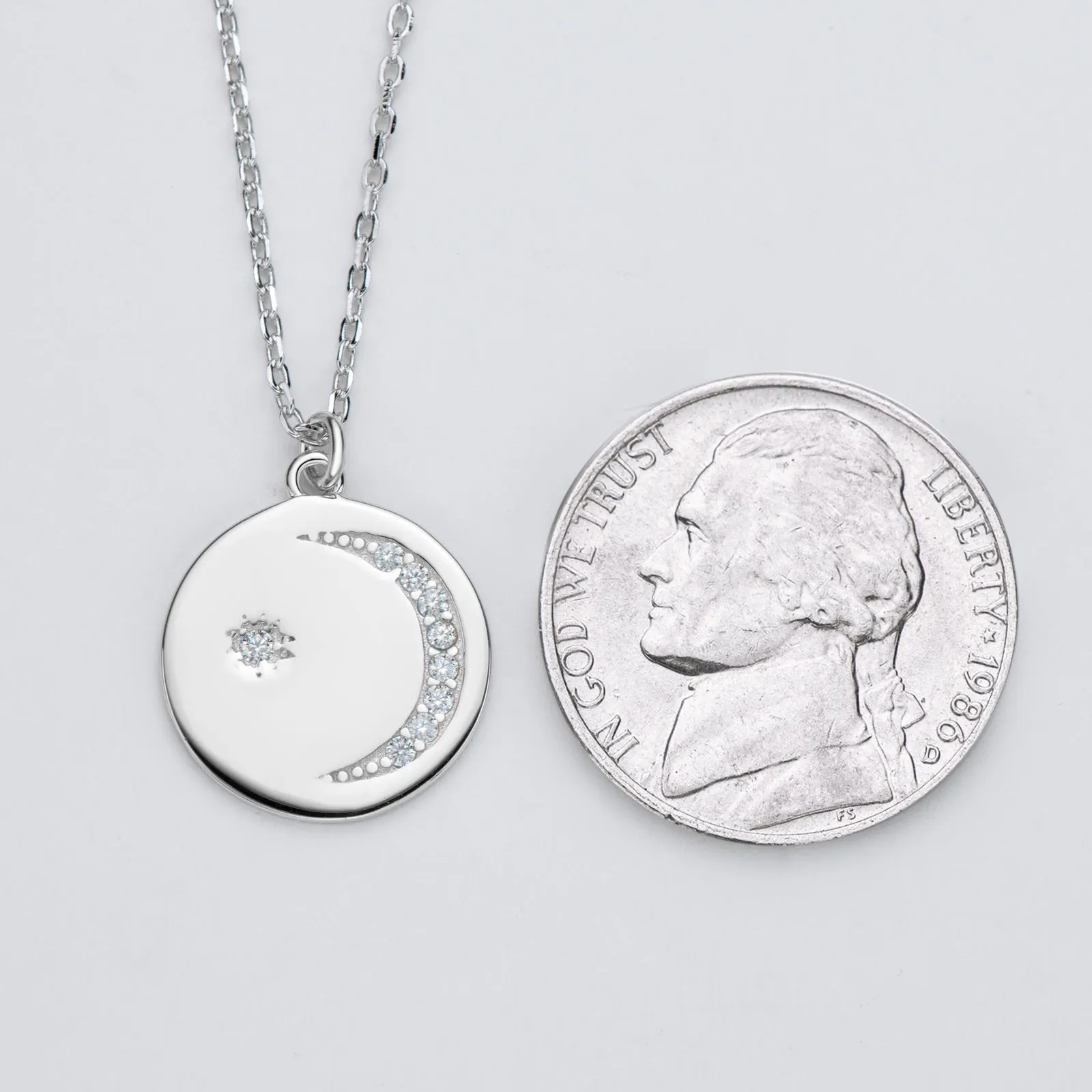 Moon & Star Round Cut Moissanite Coin Disc Pendant Necklace