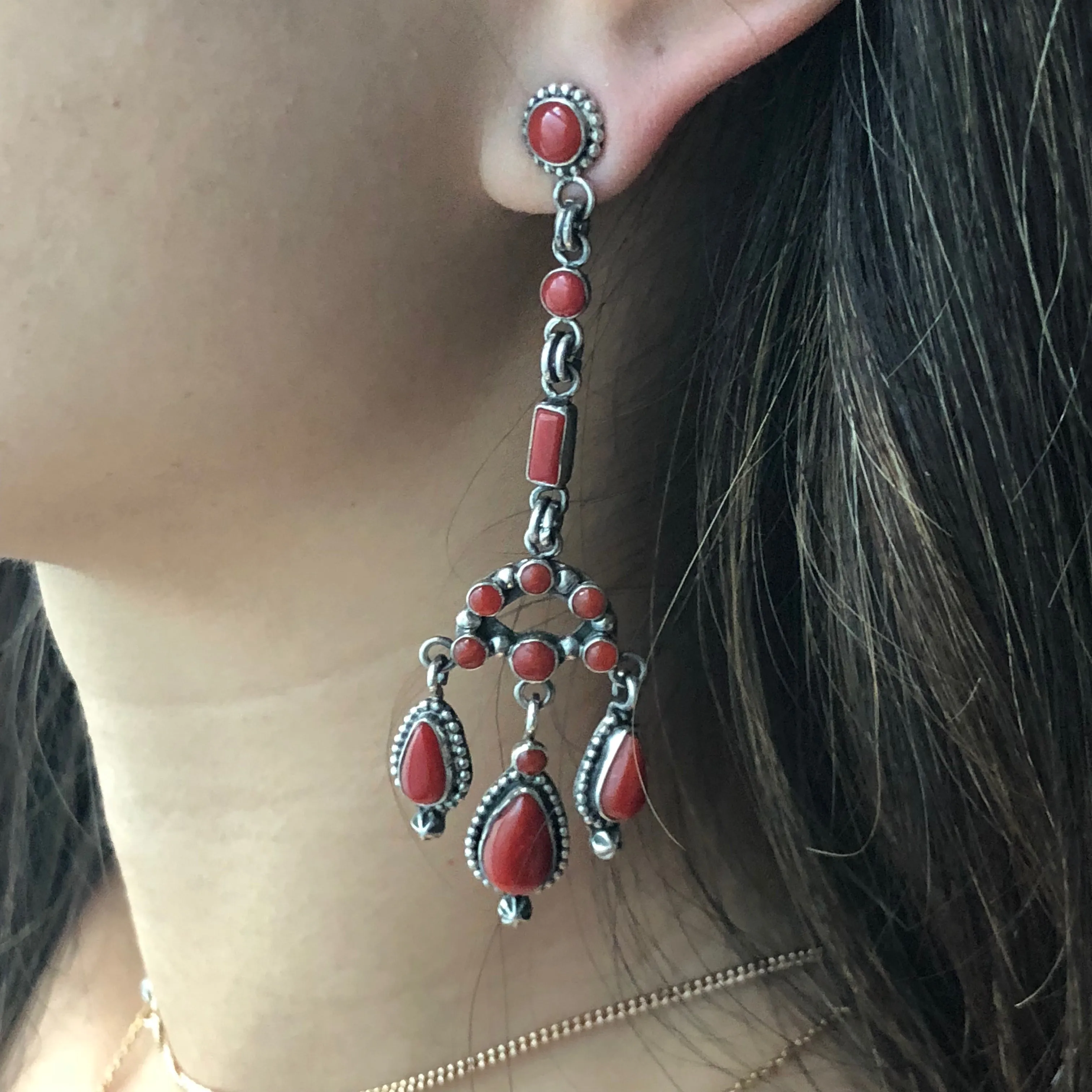 Navajo Handmade Mini Clustered 11.2 Carat Red Coral Dangle Earrings
