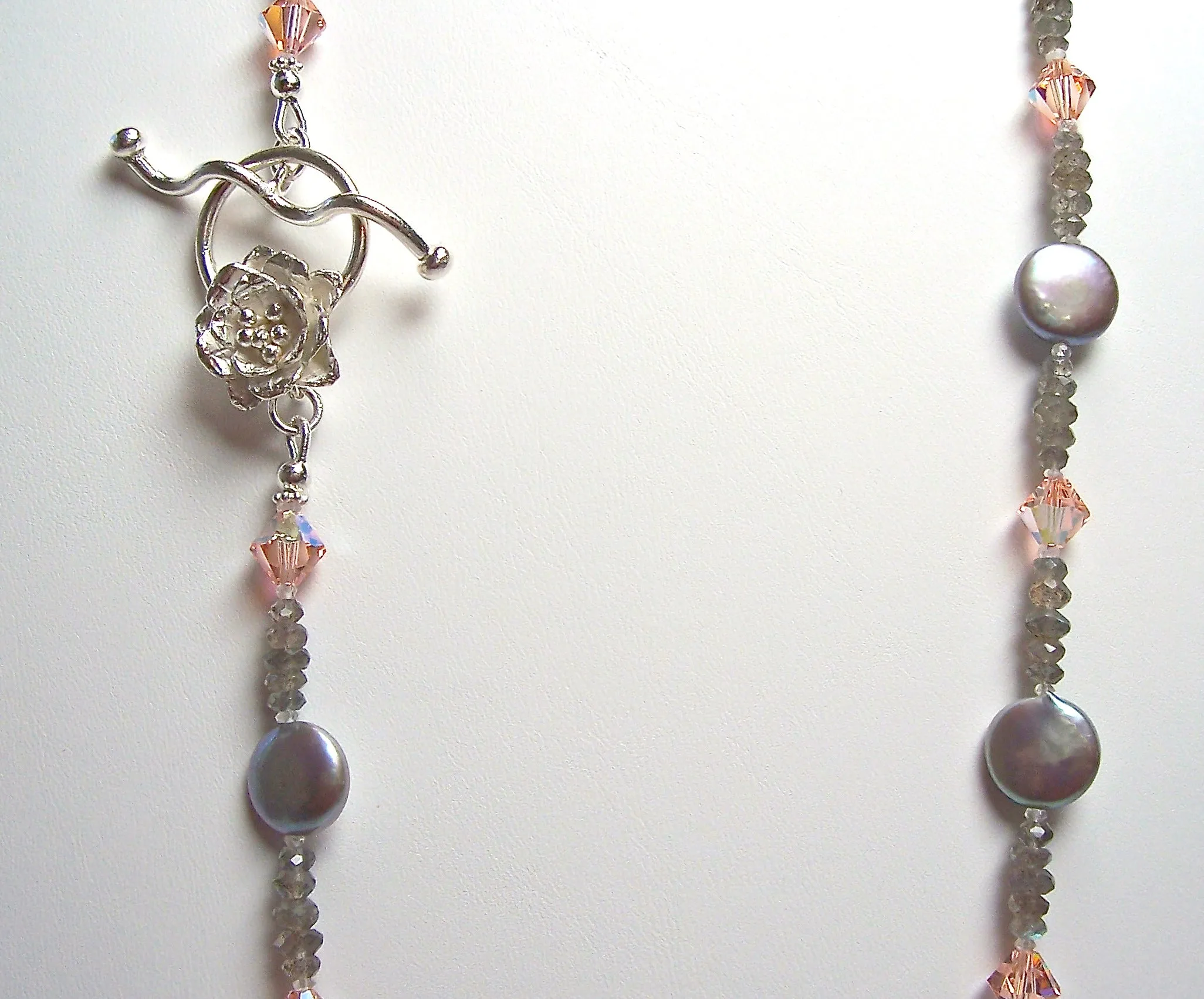 One of a Kind Dove Grey Coin Pearl Necklace with Peach Swarovski Crystal, Labradorite Gemstone Beads, and Fine Silver Flower Toggle Clasp