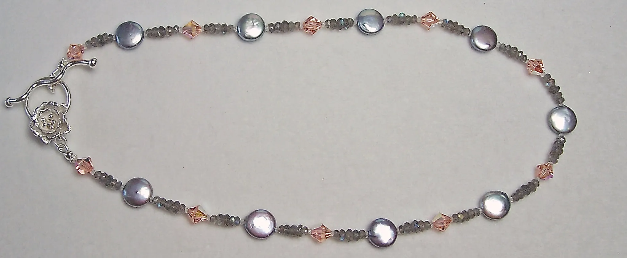 One of a Kind Dove Grey Coin Pearl Necklace with Peach Swarovski Crystal, Labradorite Gemstone Beads, and Fine Silver Flower Toggle Clasp