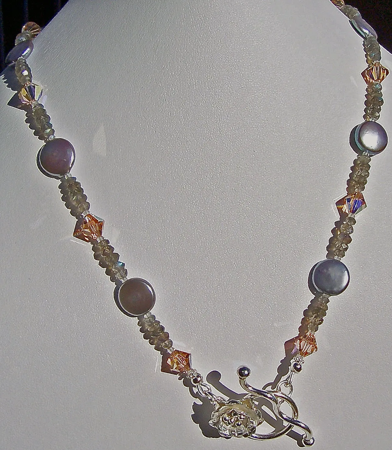 One of a Kind Dove Grey Coin Pearl Necklace with Peach Swarovski Crystal, Labradorite Gemstone Beads, and Fine Silver Flower Toggle Clasp