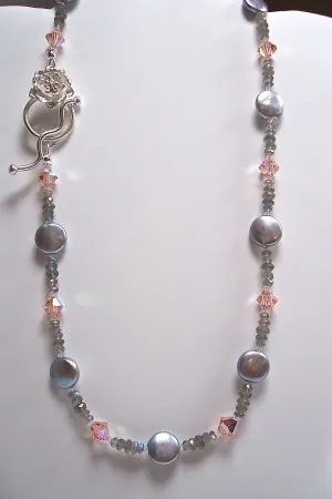 One of a Kind Dove Grey Coin Pearl Necklace with Peach Swarovski Crystal, Labradorite Gemstone Beads, and Fine Silver Flower Toggle Clasp