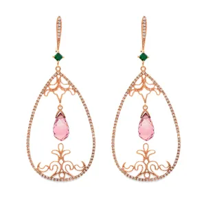Open Drop Pink Tourmaline & Diamond Chandelier Earrings 14K Rose Gold