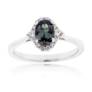 Oval Alexandrite & Diamond Halo Solid Shank Ring