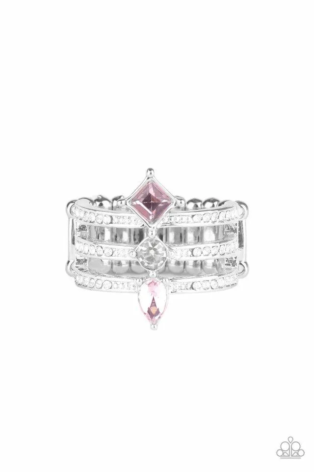 Paparazzi " Triple Throne Twinkle " Silver Metal Triple Pink Rhinestone Elastic Back Ring