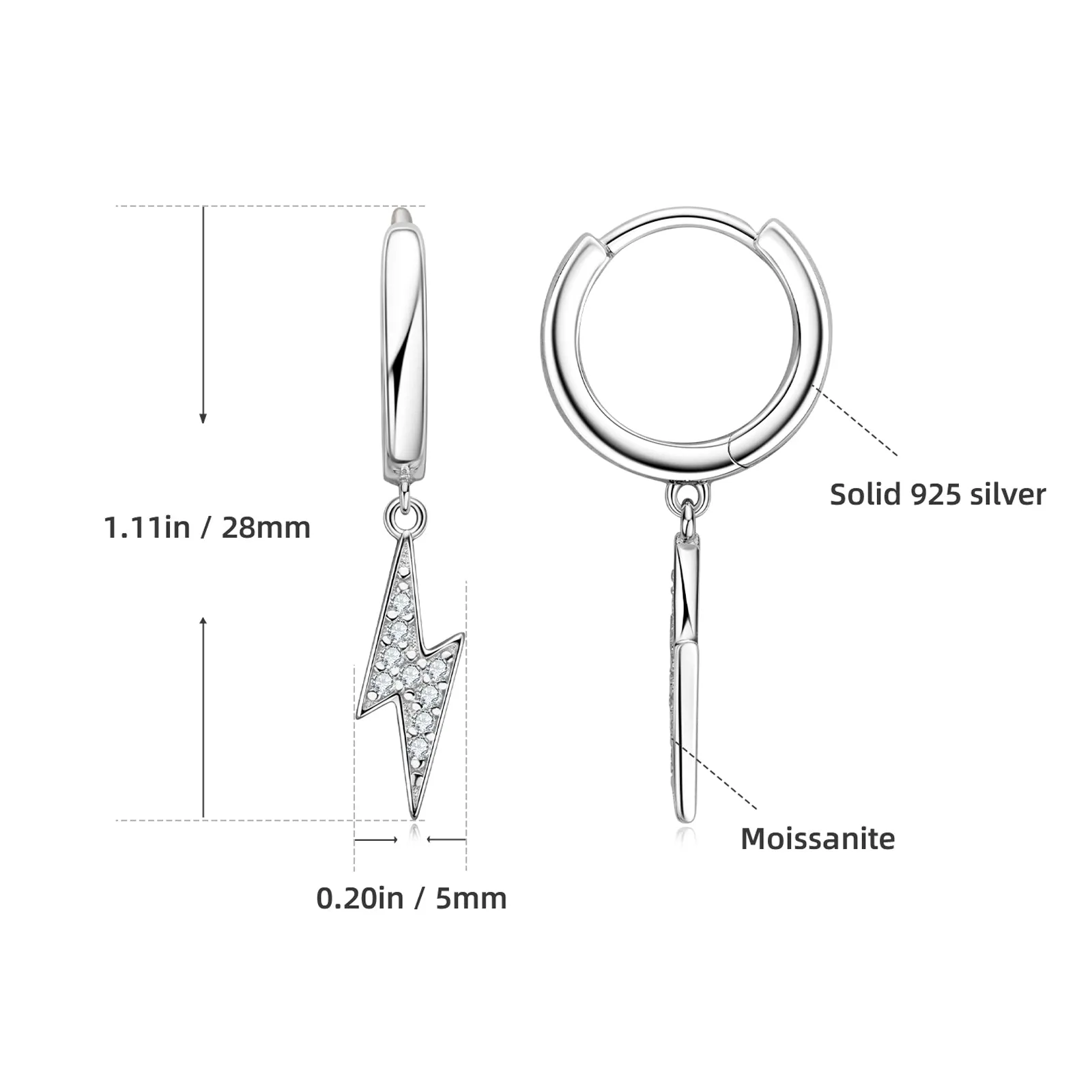 Pave Round Moissanite Lightning Dangle Hoop Earrings