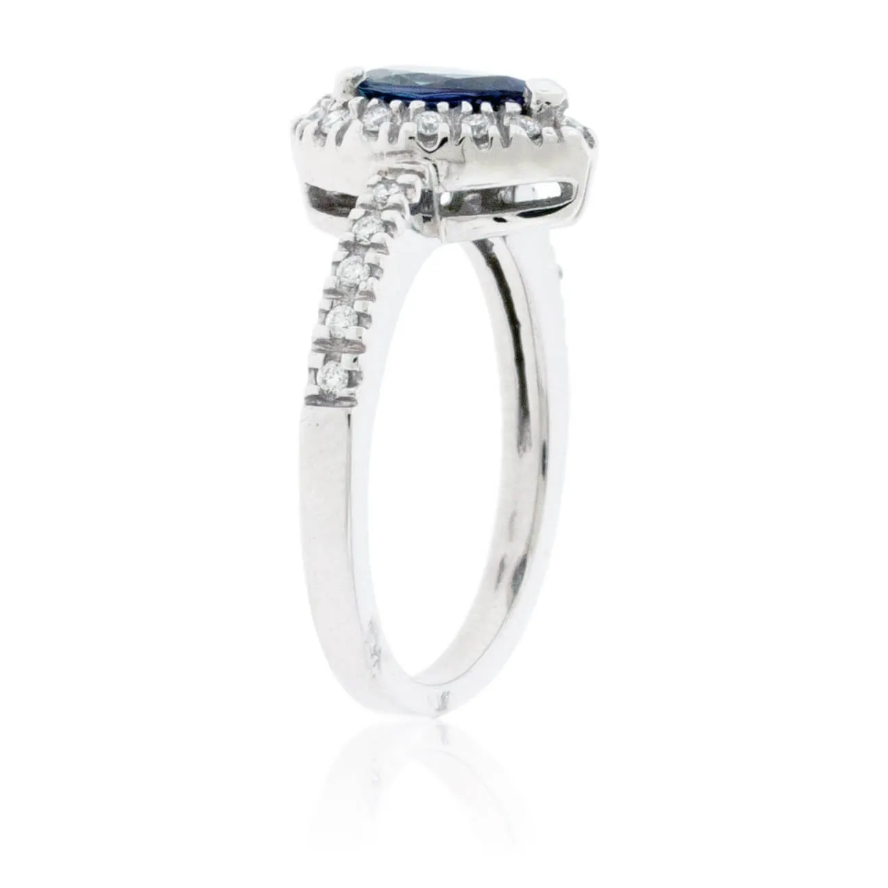 Pear-Shape Alexandrite & Diamond Halo Diamond Shank Ring
