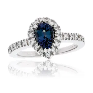Pear-Shape Alexandrite & Diamond Halo Diamond Shank Ring