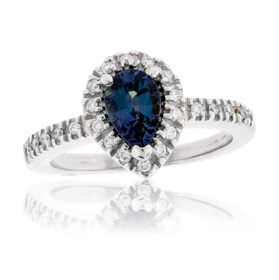 Pear-Shape Alexandrite & Diamond Halo Diamond Shank Ring
