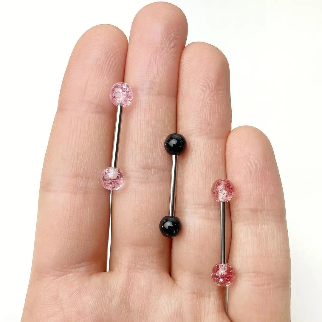 Pink Glitter Acrylic Ball Barbell Tongue Ring