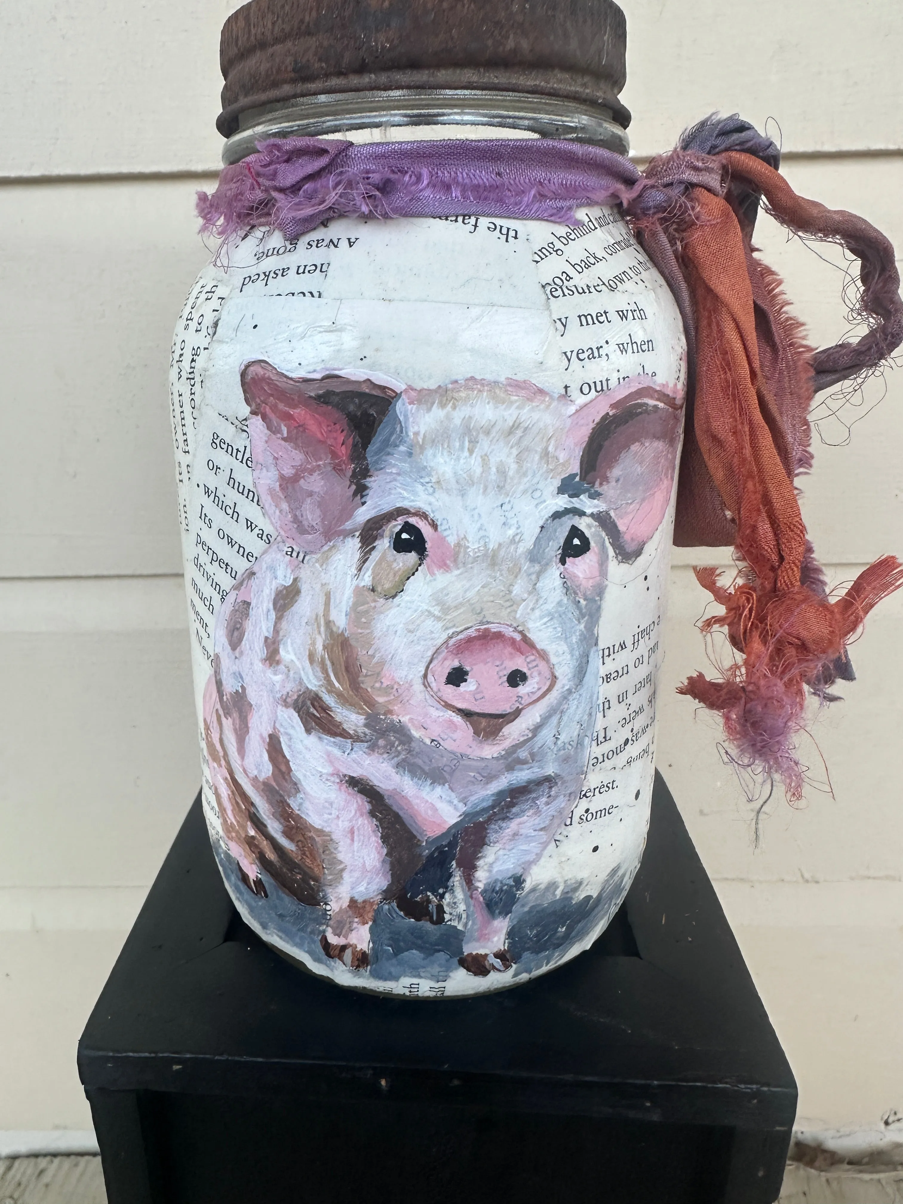 Pink Piglet painted on Vintage  quart Mason Jar FREE SHIPPING