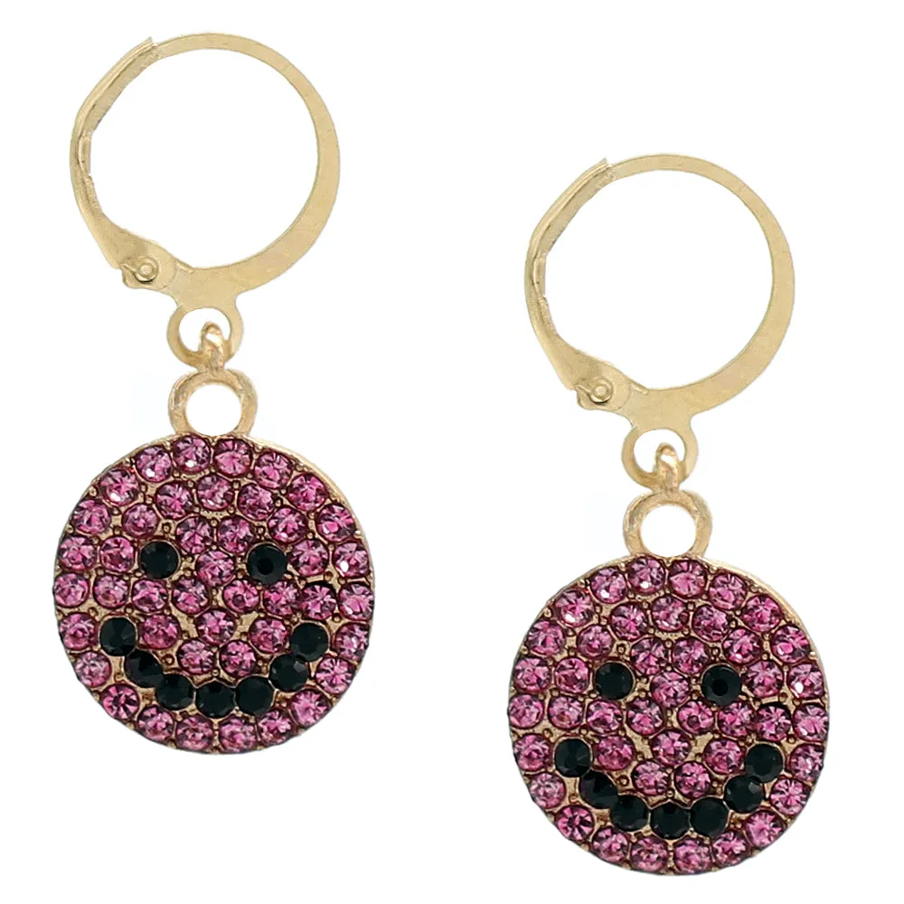 Pink Rhinestone Happy Face Leverback Earrings