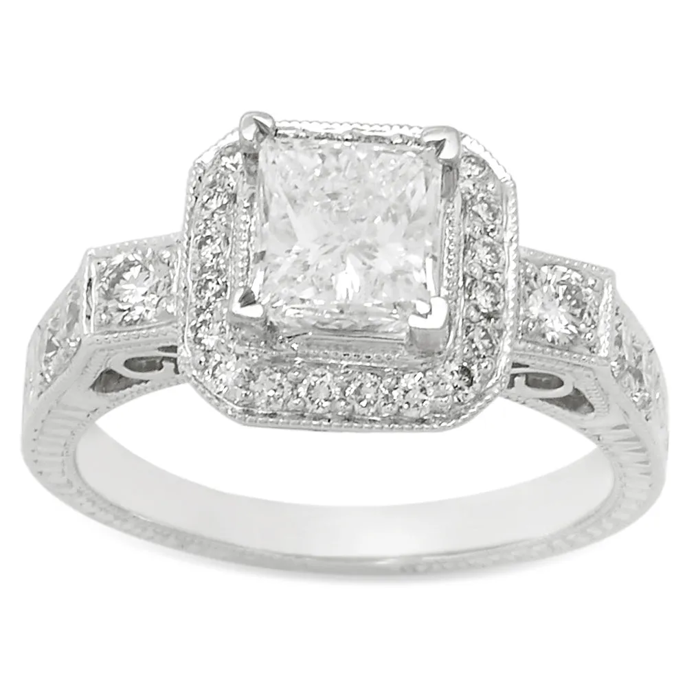 Princess Cut Diamond Vintage Style Halo Engagement Ring