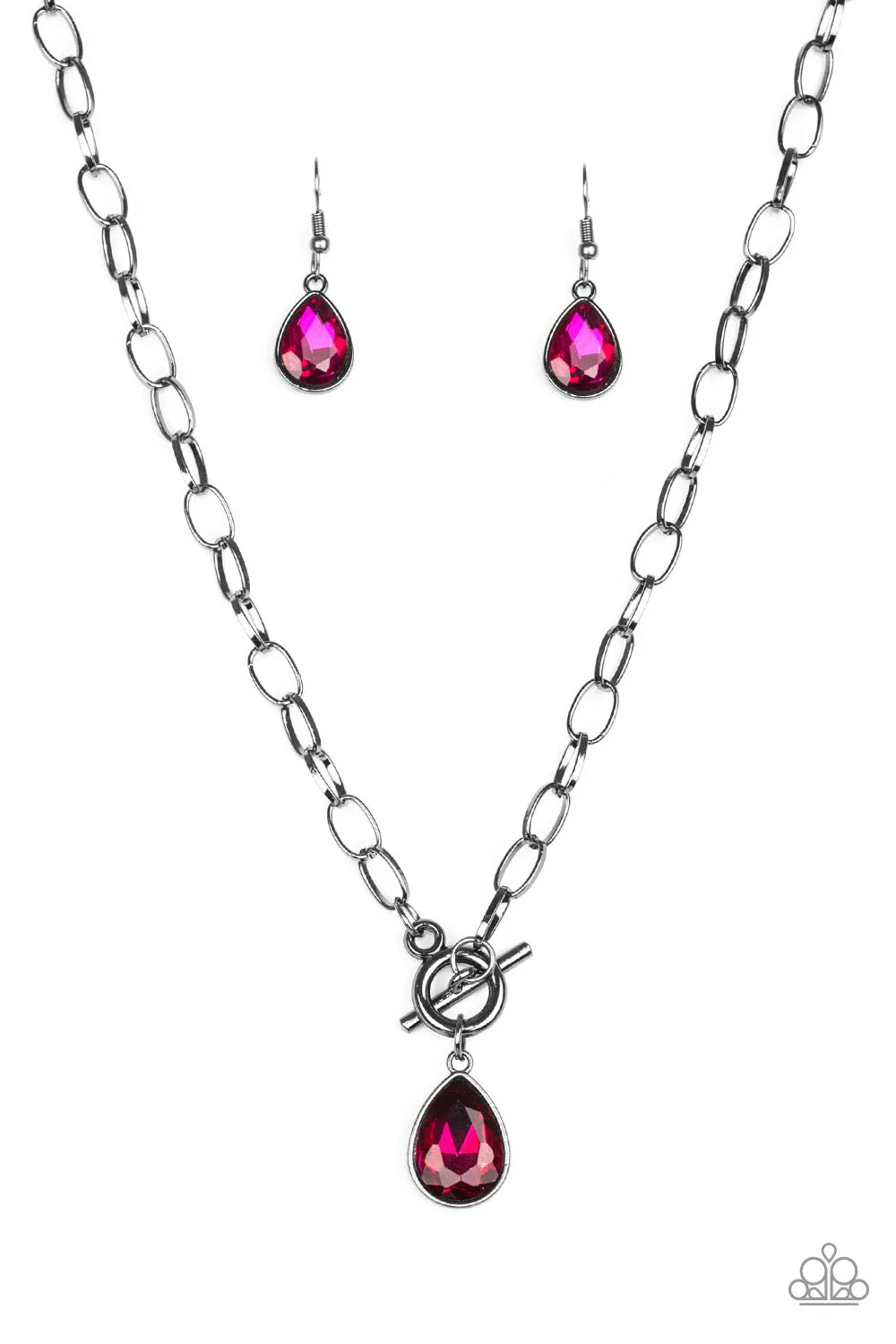" So Sorority " Black Metal Pink Rhinestone Teardrop Toggle Necklace Set