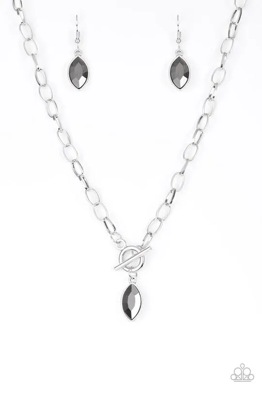 "Club Sparkle" Silver Metal & Marquise Cut Hematite Toggle Necklace Set