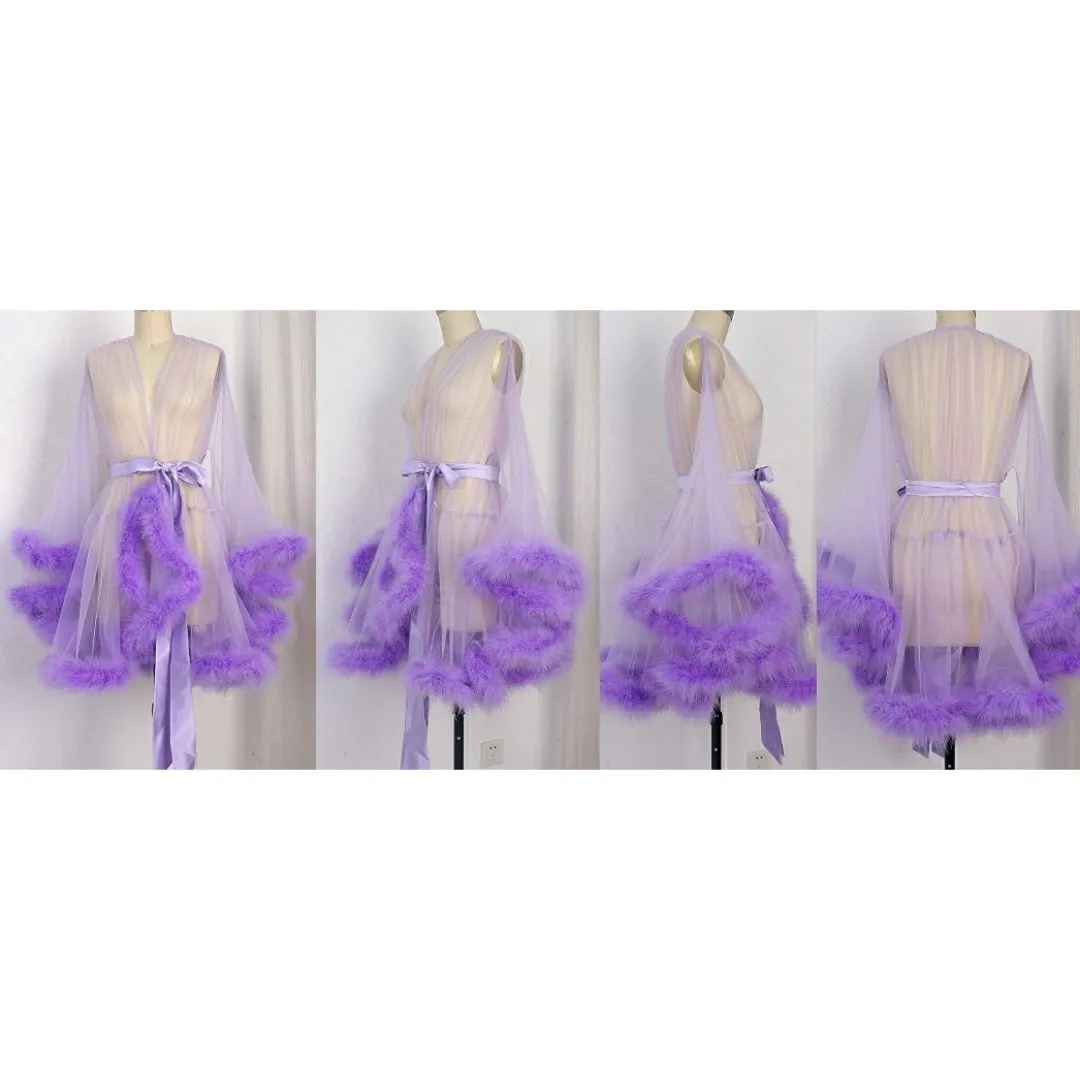 "Night In" Lavender Handmade Sheer Fluffy Mini Marabou Feather Robe