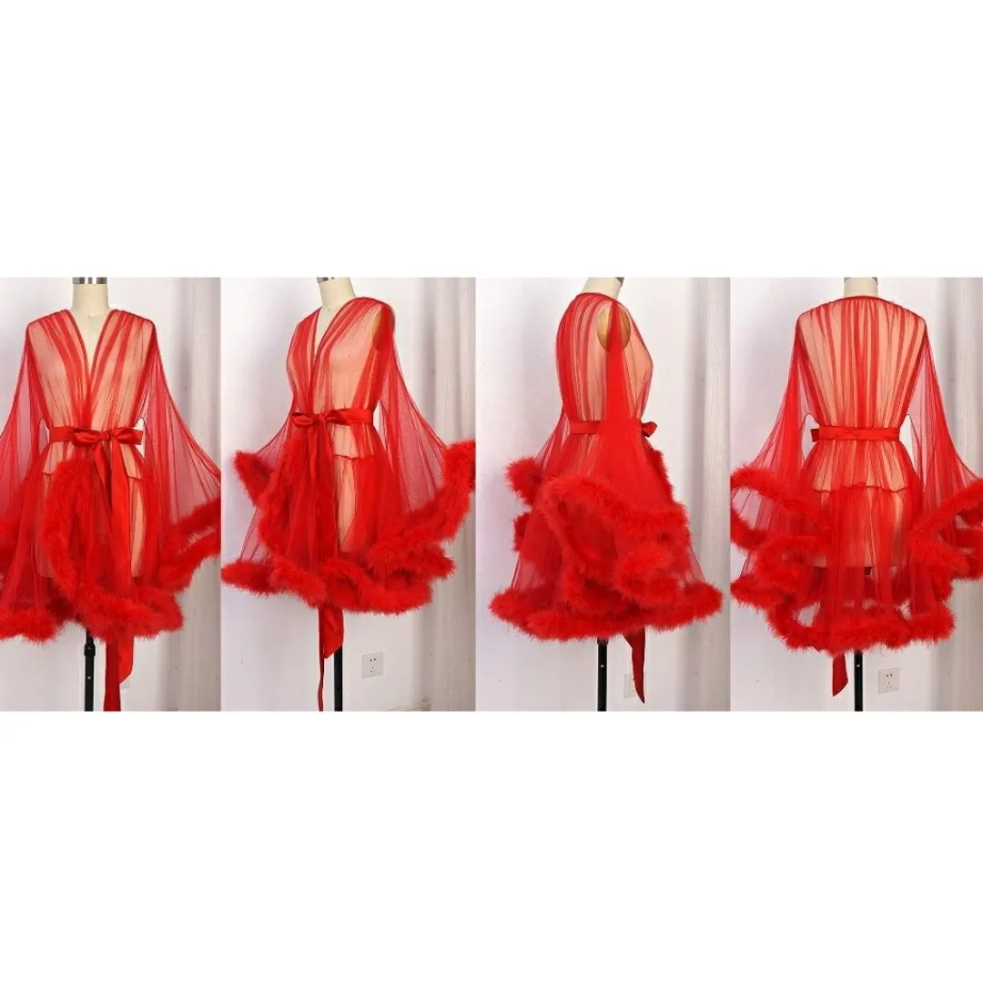 "Night In" Red Handmade Sheer Fluffy Mini Marabou Feather Robe