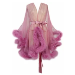 "Night In" Rose Pink Handmade Sheer Fluffy Mini Marabou Feather Robe