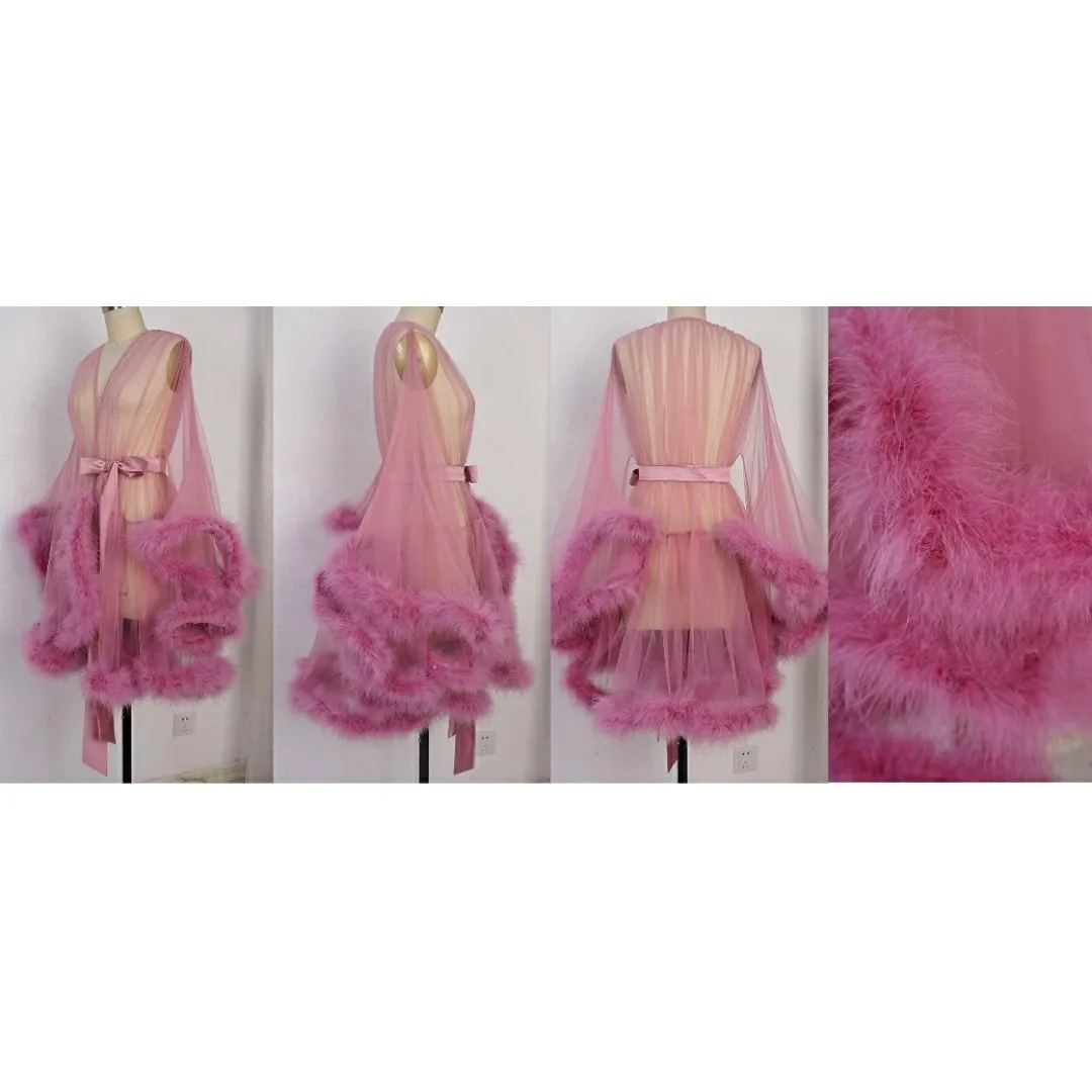 "Night In" Rose Pink Handmade Sheer Fluffy Mini Marabou Feather Robe